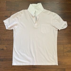 Mens UNIQLO short sleeve pink striped contrast white collar polo Size L